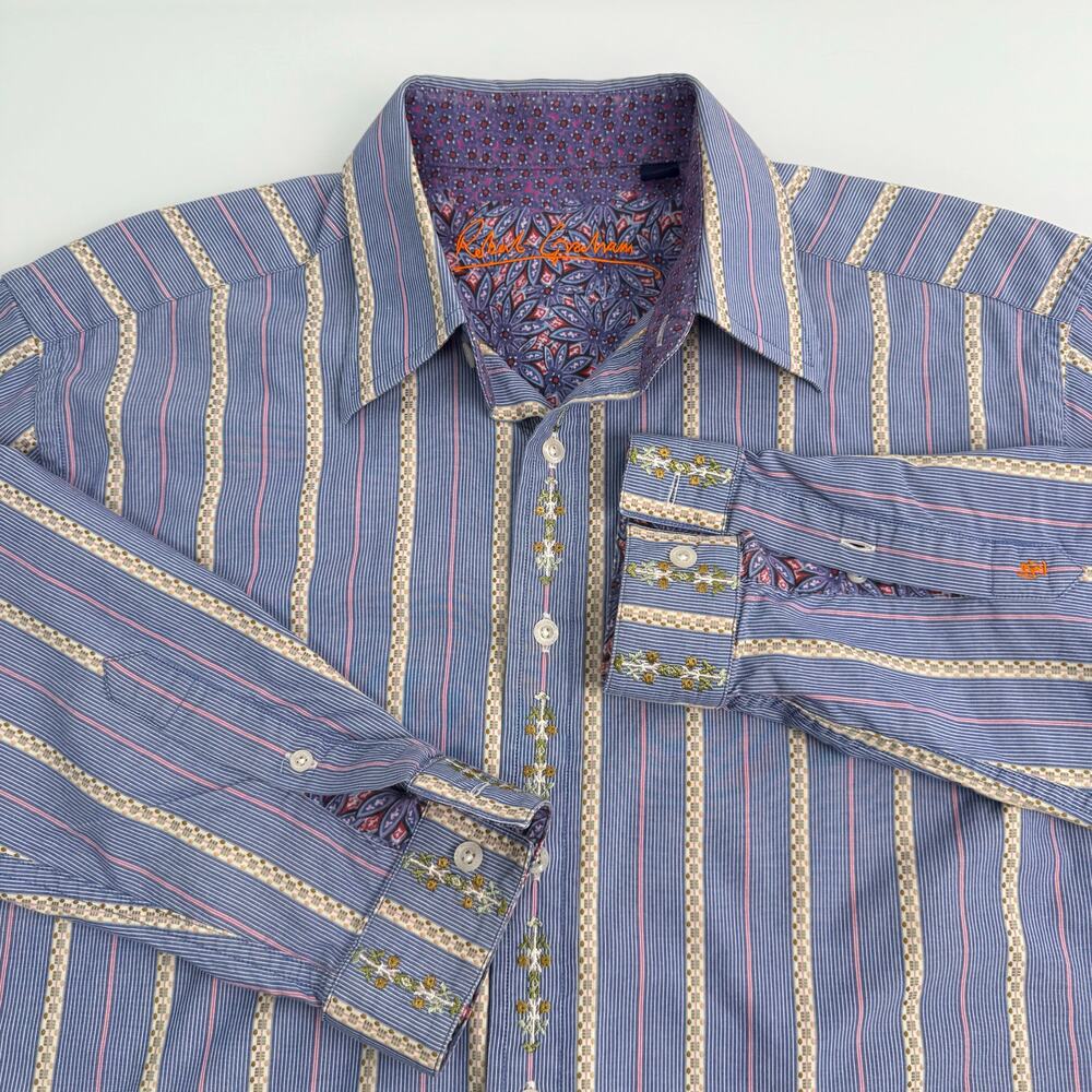 Robert Graham Blue Shirt Men's L Floral Embroidery Button Front